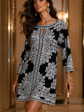 BCBGMAXAZRIA Avila Tunic Mini Dress Size S Black Gray Designer Print New